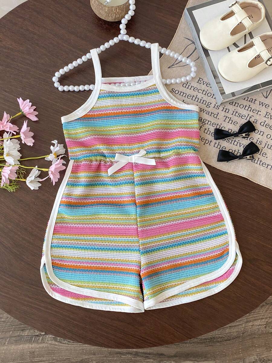 SHEIN Elladie kids Bộ áo liền quần mùa hè mới đơn giản màu đen trắng kẻ sọc, dây rút màu đen phối tương phản với nơ thắt eo, kiểu dáng thể thao năng động cho bé gái. - Nhiều màu - Xem 1