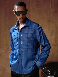 AKNOTIC Business Casual 男士休闲衬衫，蓝色牛仔效果宽松版型，男友风西部牛仔街头通勤日常时尚复古蓝色梭织皇家蓝男士衬衫男士度假装男士蓝色衬衫男士蓝色套装蓝色设计师衬衫 - 藍色 - 查看 4