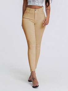 Flexra Solid Color Pocket Skinny Casual Fashionable Jeans - Khaki - View 2