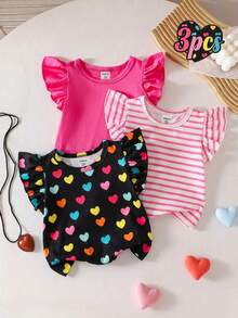SHEIN Playful Pals 3件套彩色爱心条纹荷叶边圆领T恤上衣，柔软舒适，休闲可爱，春夏新品 - 彩色 - 查看 6