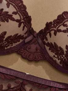 女士花卉刺绣吊带文胸、丁字裤和吊袜带身体饰品内衣套装，性感日常穿着 - 紅木色 - 查看 6