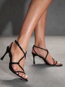 CUCCOO SZL Giày sandal cao gót mũi nhọn đính đá lấp lánh dành cho nữ, kiểu dáng gợi cảm, sang trọng, màu bạc lấp lánh, thích hợp cho các bữa tiệc, sự kiện, câu lạc bộ, lễ hội Giáng sinh. - Màu đen 1 - Xem 5