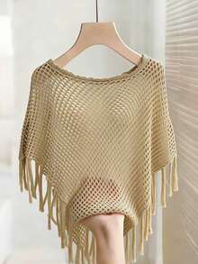 Franclia 新款夏季不对称露肩镂空休闲波西米亚风流苏下摆套头毛衣，宽松度假风，休闲日常百搭 - 卡其色 - 查看 2