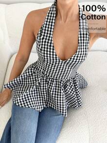 Siren Gaze Áo nữ Valentine cho nữ, Áo nữ mùa hè, Áo nữ in họa tiết kẻ caro, cổ yếm, viền bèo, hở lưng, kiểu dáng thường ngày. - Đen và trắng - Xem 5