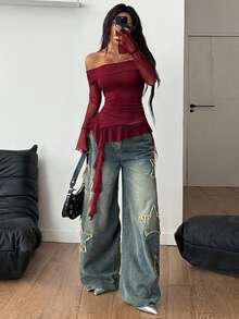 Coolane Camiseta blanca de hombros descubiertos con volantes y lazos, estilo urbano, de temporada, para festivales, conciertos country, Y2K, boho y gyaru para mujer - Burdeos - Ver 6