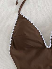 Vaytide Elegant Solid Color V-Neck Contrast Trim Decorated One-Piece Swimsuit, Suitable For Spring/Summer Vacation - Coffee Brown - View 4