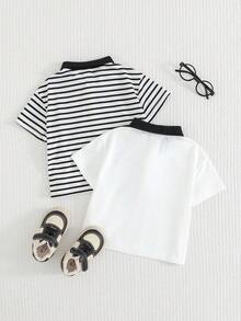 Cozy Pixies 2pcs Baby Boy Cartoon Bear & Striped Pattern Soft Knit Polo Collar Short Sleeve Pullover Outfit Set - Multicolor - View 6