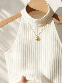 Top sin mangas de unicolor minimalista para mujer, uso casual de todos los días - Blanco - Ver 4