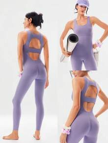GLOWMODE 26" FeatherFit™ Glow Hard Buttery-Soft Stretchy Sweat-Wicking Booty-Lifting Butt Scrunch Removable Cups Bodysuit Romper Yoga Pilates - Lilac Dream - View 10