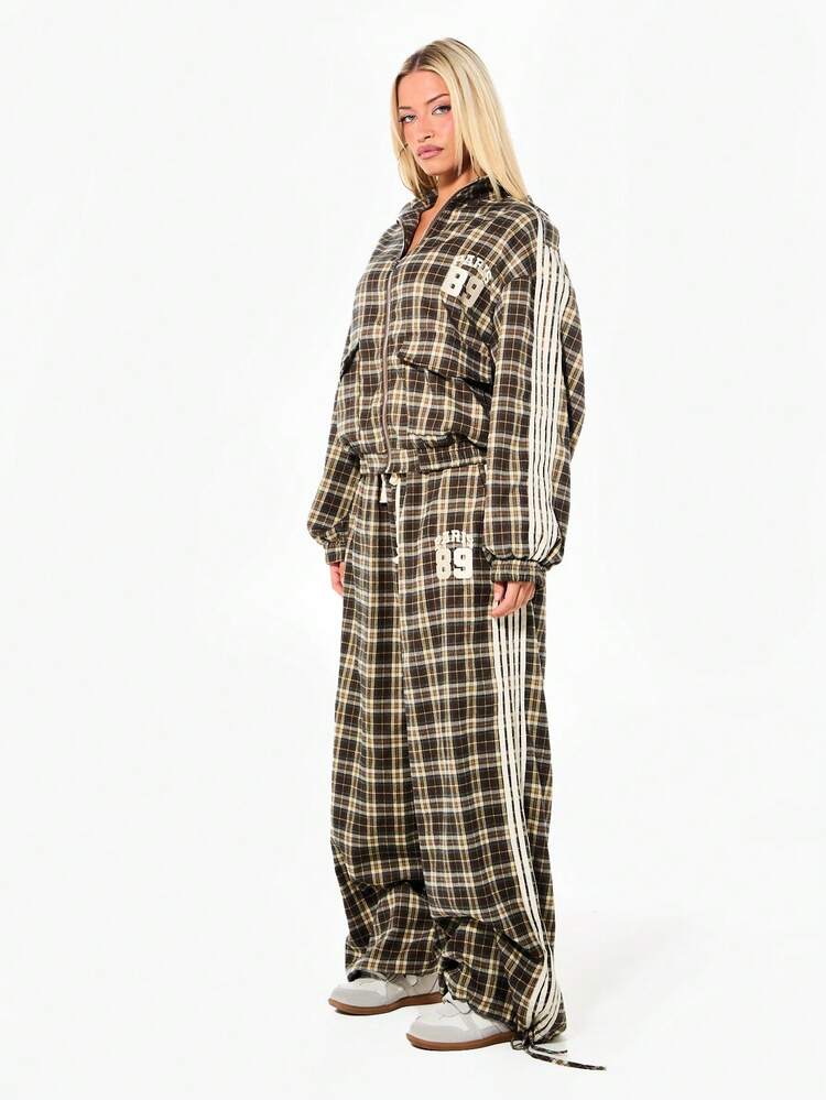 SUMWON WOMEN Oversized Plaid Check Bomber Jacket With Stripe Detail