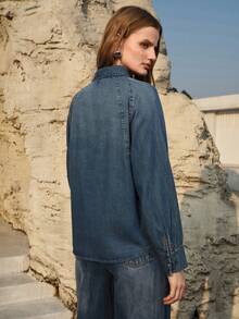 MOTF PREMIUM WOMEN'S TENCEL DENIM STRUCTURED DESIGN DENIM SHIRT - Blue - View 4