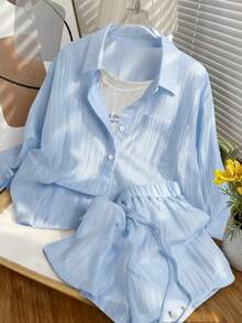 Lyxana Conjunto de 2 piezas para mujer con camisa de un solo pecho de unicolor simple y shorts con cordón - Azul - Ver 1