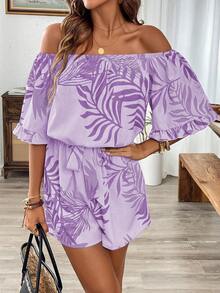 Breezaya Bộ áo liền quần trễ vai xếp nếp kiểu Hawaii - Màu tím - Xem 4