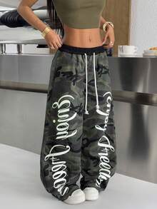 SHEIN PETITE 夏季小码女士休闲阔腿牛仔裤，双腰设计，妈妈款牛仔裤，牛仔牛仔裤，喇叭裤，低腰宽松牛仔裤，保暖衣物，冬季女裤，感恩节穿搭，小码宽松牛仔裤 - 軍綠色 - 查看 3