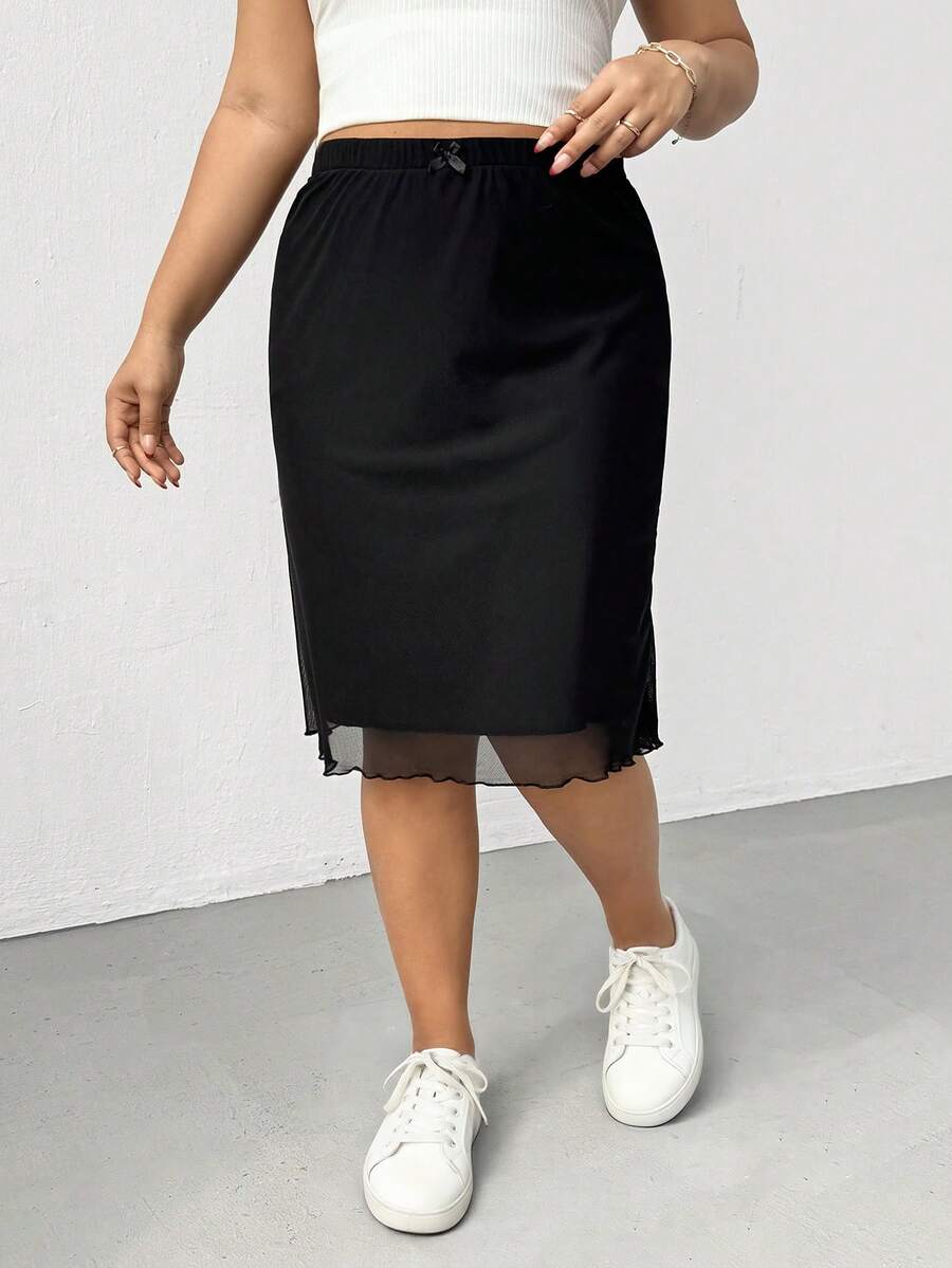 SHEIN Essnce 大码女装春夏时尚休闲弹力舒适日常百搭黑色中长裙，带小蝴蝶结，女式下装，夏季服装，曲线可爱服装，外出穿搭 - 黑色 - 查看 1