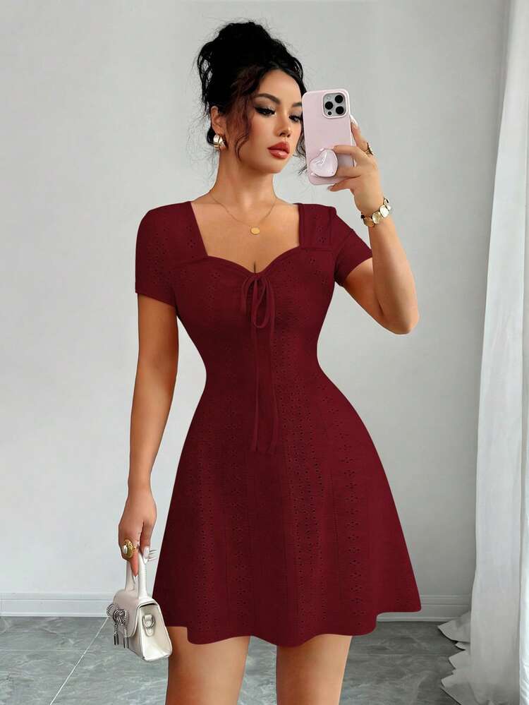 Elenzga Nuevo vestido mini ajustado y sexy con nudo delantero, de punto jacquard de crema de mantequilla para verano - Burdeos - Añade 5