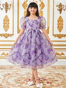 SHEIN Đầm ôm dáng thanh lịch họa tiết hoa tay phồng dành cho bé gái tuổi teen - Màu tím hoa cà - Xem 7