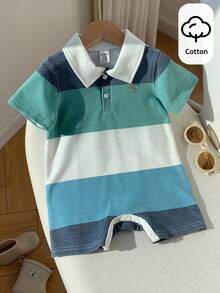 SHEIN Newborn Baby Boy Bright Blue Summer Casual Family Matching Knitted Letter Color Block Romper For Birthday,Wedding,Baptism,Baby Shower & Celebration - Multicolor - View 2
