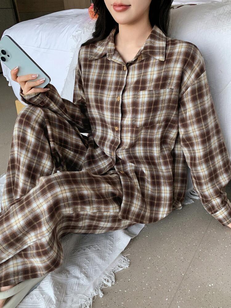 2pcs Women Plaid Pajama Set, Loose Fit Shirt And Pants, Suitable For Autumn/Winter And Christmas