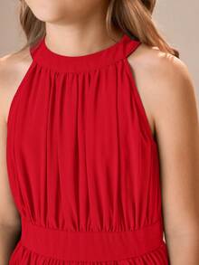 Pitira Pitira Tween Girl Solid Color Sleeveless Snug Fit Dress - Red - View 4