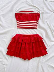 Soleia 女士休闲度假复古红白条纹撞色领抹胸上衣+红色抽绳蛋糕裙两件套，春夏款 - 紅白色 - 查看 2