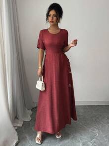 Seusyu 女士纯色短袖常规肩部休闲系带阿拉伯风格连衣裙 - 紅色 - 查看 4