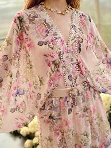 MOTF PREMIUM WOMEN'S ROMANTIC LOOSE LONG SLEEVE SHIRT WITH FLORAL PRINT, SPRING/SUMMER - Baby Pink - View 3