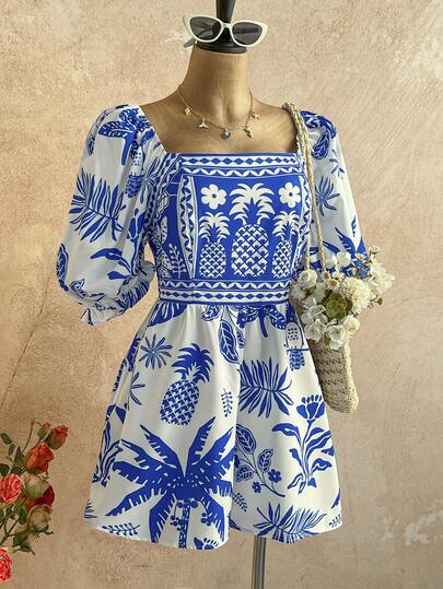 Soleia جمبسوت قصيرة بأكمام منتفخة مطبوعة بزهور مرسومة باليد بياقة مربعة للنساء ذوات الحجم الكبير، موسم الربيع