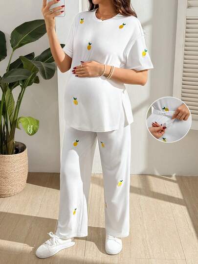 SHEIN 孕妇休闲柠檬刺绣T恤和裤子两件套