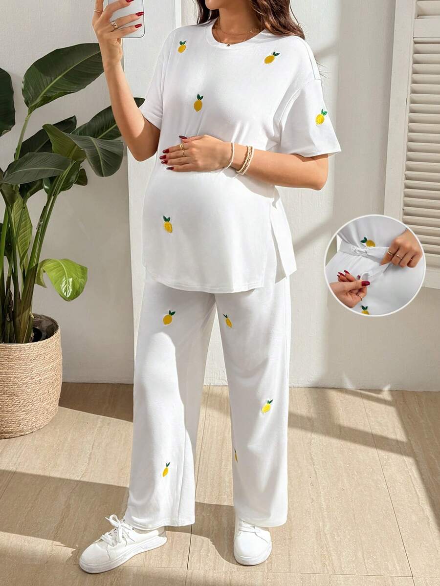 SHEIN 孕妇休闲柠檬刺绣T恤和裤子两件套 - 白色 - 查看 1