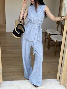 DAZY Women's Casual V-Neck Belted Vest And Wide Leg Pants 2 Pieces Set, Spring/Summer - Green - View 8