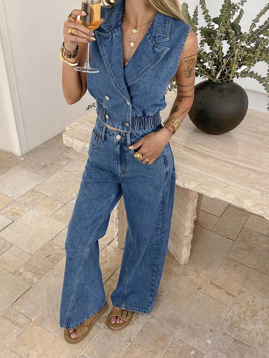 DAZY Women's Casual Washed Denim Vest And Wide Leg Pants Suit, Spring/Summer - Medium Wash - View 1