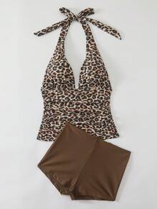 Swim Lushoire Women's Summer Beach Leopard Print Halter Tie Fashionable Tankini Swimsuit Set - Brown - View 4