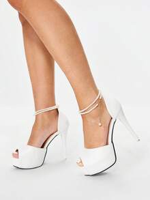 Glitzique Giày cao gót thời trang thu/đông cho nữ, giày cao gót mũi tròn buộc dây đính ngọc trai giả gợi cảm, cỡ lớn, đế xuồng, chống thấm nước, hở mũi, xuân/hè 2025 - trắng - Xem 6