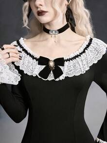 ROMWE SpringGothic Lace Patchwork Long Dress For Women, Spring/Summer - Black - View 2