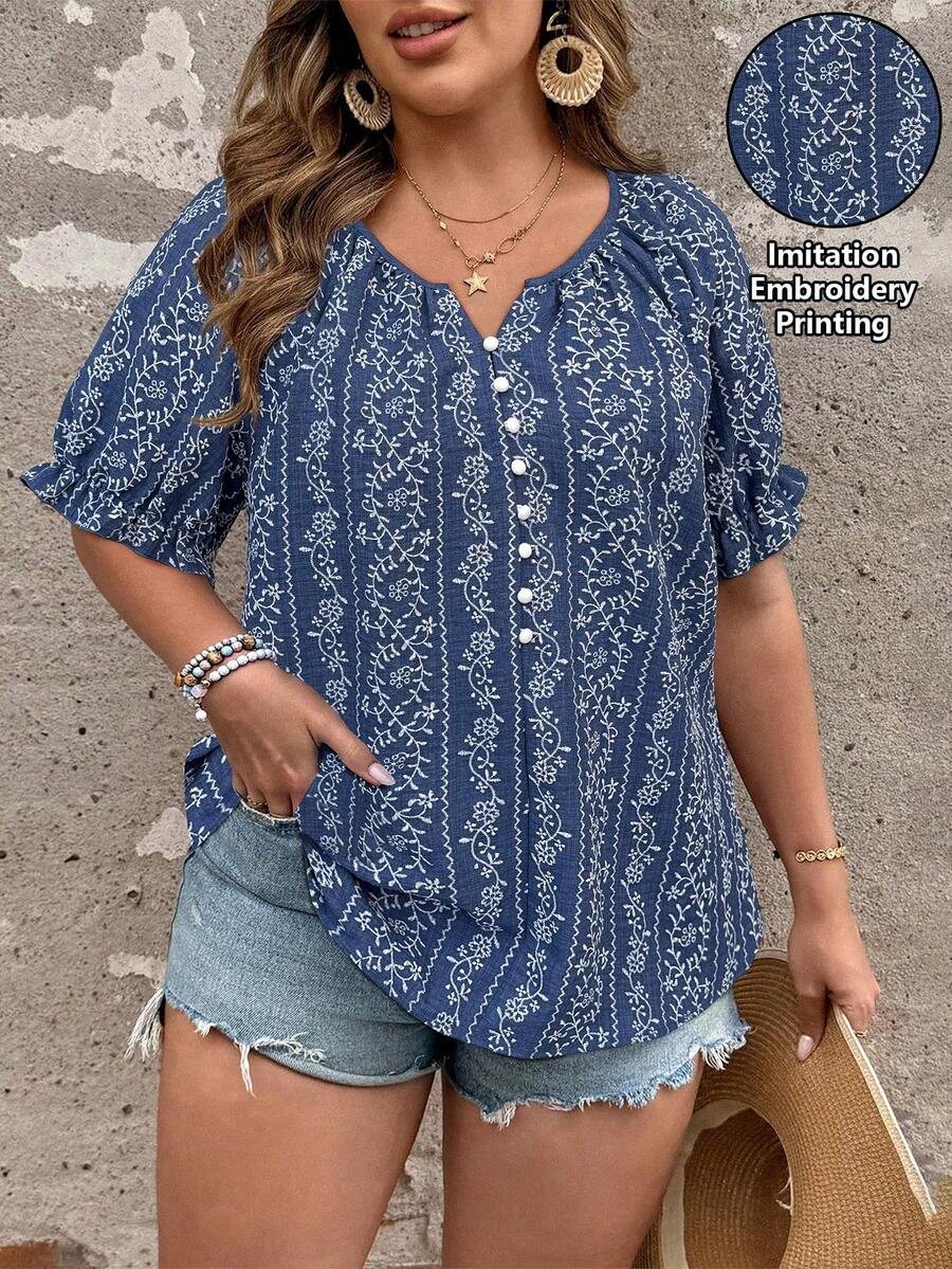 Ceyna 大码女式法式休闲优雅刺绣印花短袖衬衫，夏季波西米亚风短袖上衣，波西米亚衬衫，夏季休闲女式上衣，夏季女式衬衫，沙滩装，保守款女式衬衫，休闲现代夏季女式上衣，夏季女式衬衫 - 藏蓝色 - 查看 1