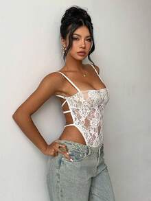 Aloruh White Lace Backless Spaghetti Strap Bodysuit, Fitted & Fashionable - White - View 6