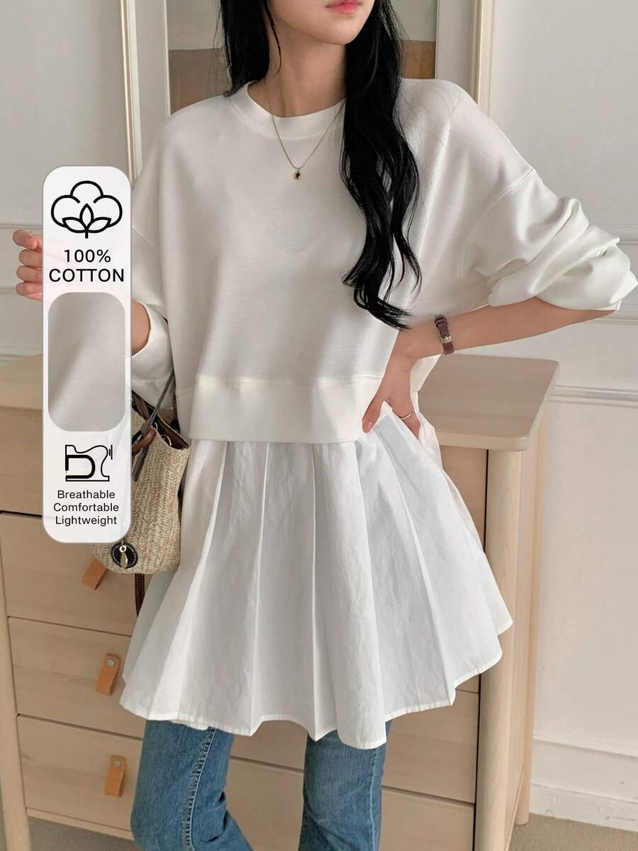 DAZY Camiseta de manga larga de unicolor y estilo minimalista para mujer, para uso casual diario - Blanco - Ver 1