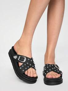 ROMWE Grunge Punk Women's Summer New Fashion Punk Rock Style Rivet Studded Casual Sandals With Thick Soles & Metal Buckle, Black Beach Ladies Sandals, High Heeled Holiday Woman Sandals - Black - View 1