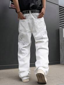 Manfinity Hypemode 男士街头时尚奢华刺绣设计宽松阔腿牛仔裤，不含腰带 - 白色 - 查看 8