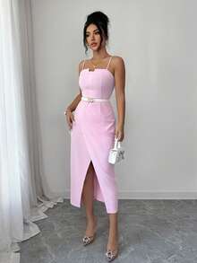 SHEIN Raffinéa 女士新款修身无袖心形领口收腰开衩下摆中长连衣裙 - 粉色 - 查看 7