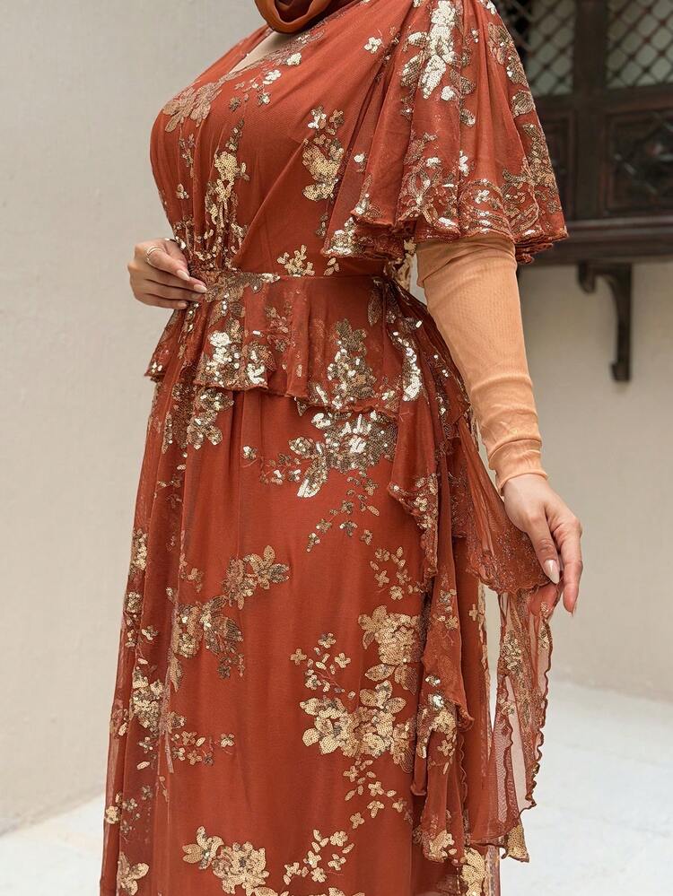 Dazy Plus Embroidered Sequin Floral V-Neck Chiffon Waist Cinched Party Dress, Plus Size, Spring/Summer Boho