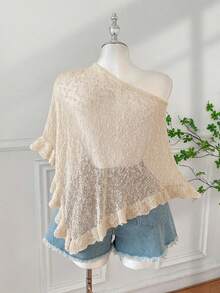 SHEIN EZwear Plus Size Women Casual Ruffled Semi-Sheer Poncho Sweater, Suitable For Summer Outing And Dating - Apricot - View 2