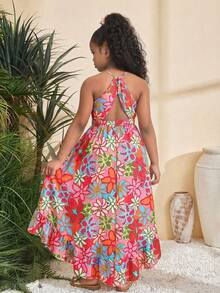 SHEIN Vestido sin mangas con cuello de halter y estampado floral minimalista elegante para niña preadolescente - Rosa - Ver 1