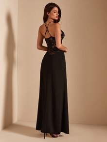 SHEIN BAE 女士黑色蕾丝拼接针织鱼尾下摆吊带裙，黑色连衣裙，蕾丝连衣裙，春夏款 - 黑色 - 查看 2