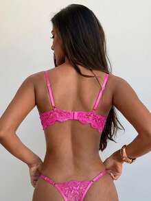Aloruh 2pcs Leaf Embroidery Sheer Mesh Underwire Lingerie Set - Hot Pink - View 3