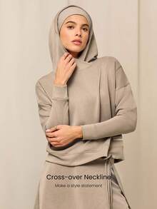 GLOWMODE X Reem Modest Breezy Days Silky-Smooth Breathable Overlapping Hood Relaxed Fit Hoodie Daily Casual Street Wear - Khaki - View 4
