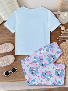 可爱蓝色爱心嘴唇印花，卡通蓝色兔子圣诞节图案，缝线蝴蝶结图案，秋季，少女休闲简约圆领短袖短裤睡衣套装，适合夏季、秋季穿着，秋季服装 - 彩色 - 查看 3