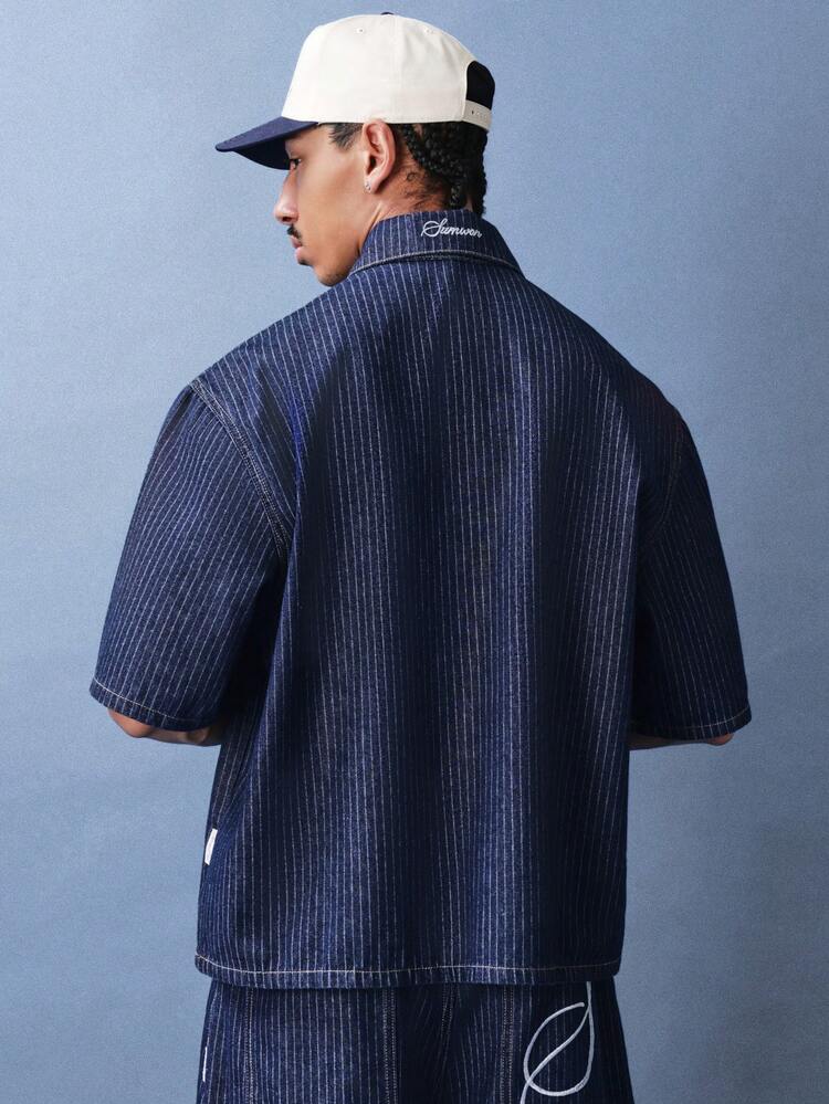 Pinstripe Denim Polo With Half Zip