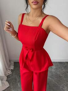 Elenzga Elegant Urban Chic New Women's Red Spaghetti Strap Bow Tie Waist Top And Wide Leg Pants Set, Suitable For Daily Wear, Weddings, Galas, Commuting, Graduation Parties, Holidays, Vacations, Dates, Parties, Halloween, Christmas, New Year, Thanksgiving - Red - View 3